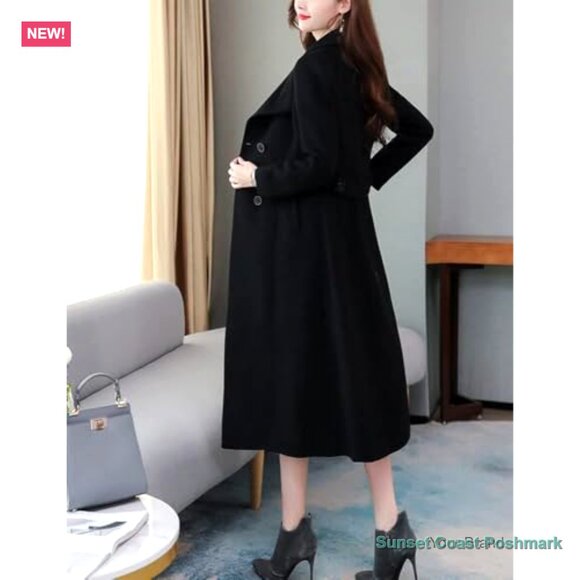 Wool Blend Trench Coat with Shawl Collar, Double Breasted - Picture 4 of 6